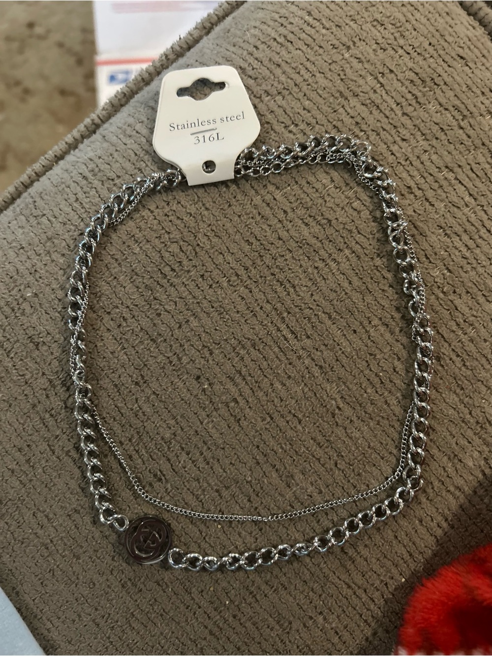 Silver-Tone Double Chain Necklace with Logo Pendant, NEW stainless - Picture 3 of 5